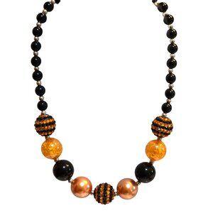 Black & Orange Beaded Halloween‎ Statement Necklace With Adjustable Chain 20-22"